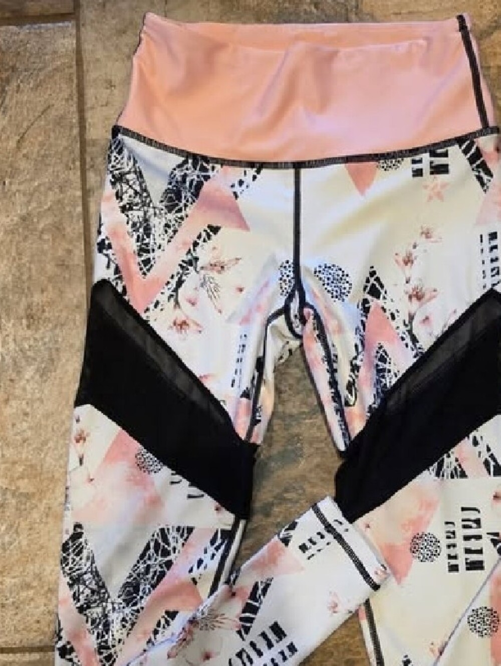 AXS Pink Printed Athletic Leggings with Black Mesh Accents